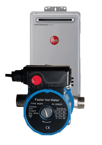 tankless water heater with blue circulation pump